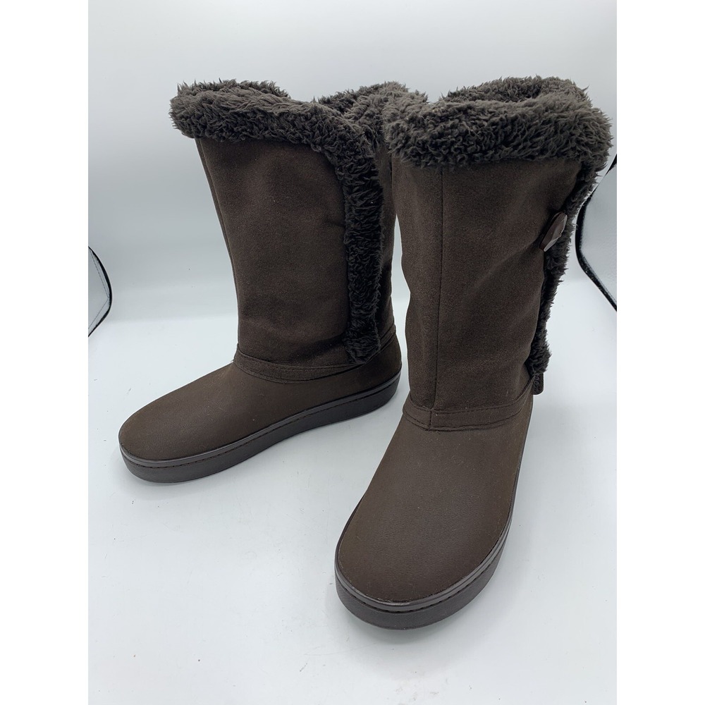 Crocs Modessa Faux Fur Suede Button Brown Tall Comfort Warm Boots Women's Size 7